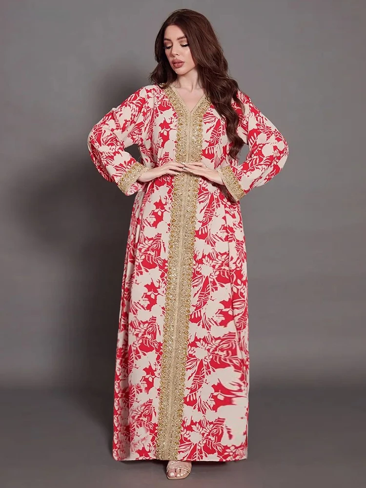 

Elegant Women's Dresses for Party 2022 Luruxy Chic Gold Tape Rhinestones Gulf Abayas Modest Muslim Moroccan Jalabiya