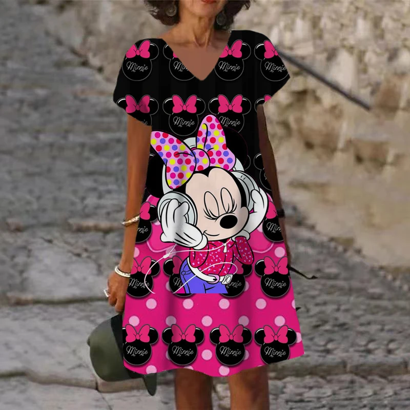 

Женские пляжные сарафаны Disney-платья с Микки и Минни для женщин, лето 2022, модные милые свободные повседневные пляжные платья с принтом песен