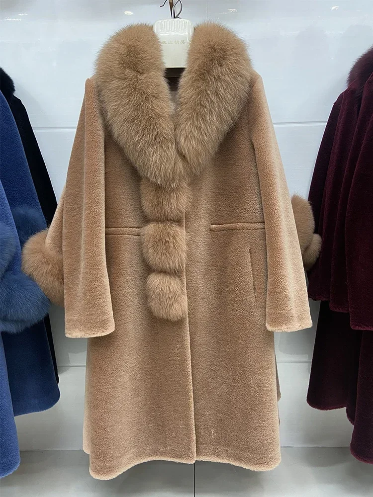 

Женское шерстяное пальто, длинное теплое пальто с воротником из натурального Лисьего меха, зима 2023