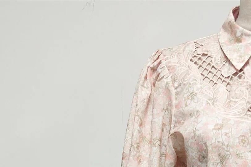 

Women Mini Dress Turn-down Collar Floral Printing Lace-up Hollow Out Long Sleeve Pleated Robe Sweet Spring