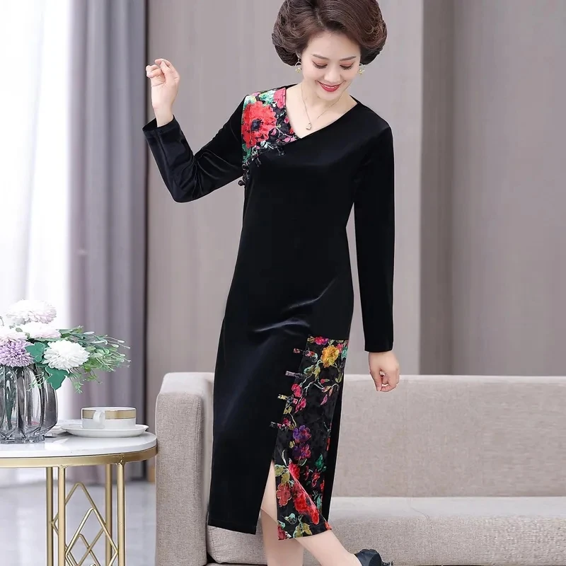 Фото XL-5XL винтажное золотое бархатное платье женское элегантное велюровое платье с v-образным вырезом и длинными рукавами осеннее повседневное платье для мам среднего возраста Vestidos Mujer №3