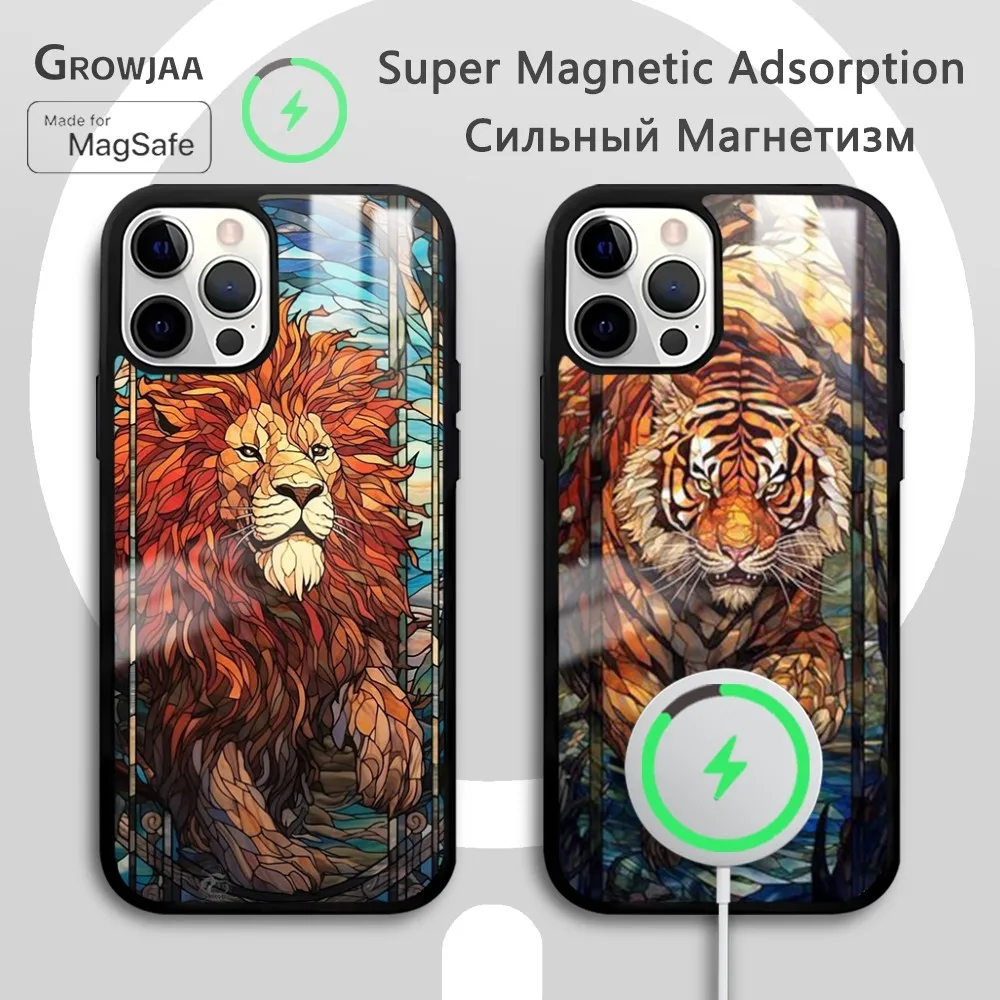 Art Lion Tiger Animal Phone Case For iPhone 16 15 14 13 12 11 Pro Max Plus Mini Magsafe Mirror Wireless Magnetic Funda