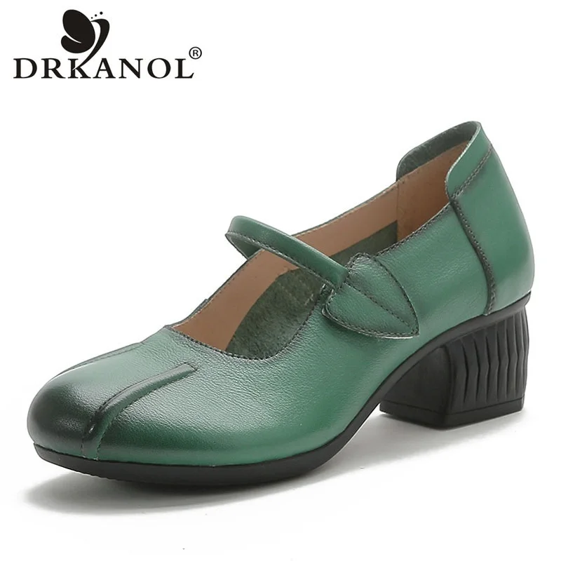 

DRKANOL Новое поступление осенние туфли из натуральной кожи женские туфли на толстом каблуке с закрытым круглым носком на резиновой мягкой подошве повседневные туфли для мам