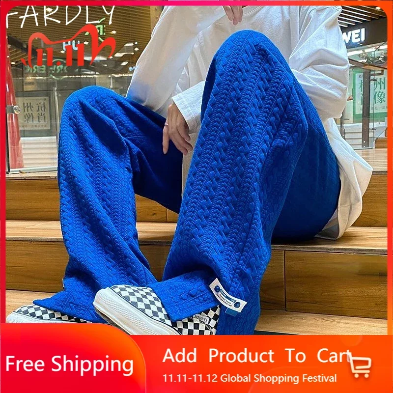 

2023 New Men High Street Sweatpants Fashion Loose Side Slit Straight-Leg Pants Vintage Blue Jacquard Casual Bottoms Male Clothes