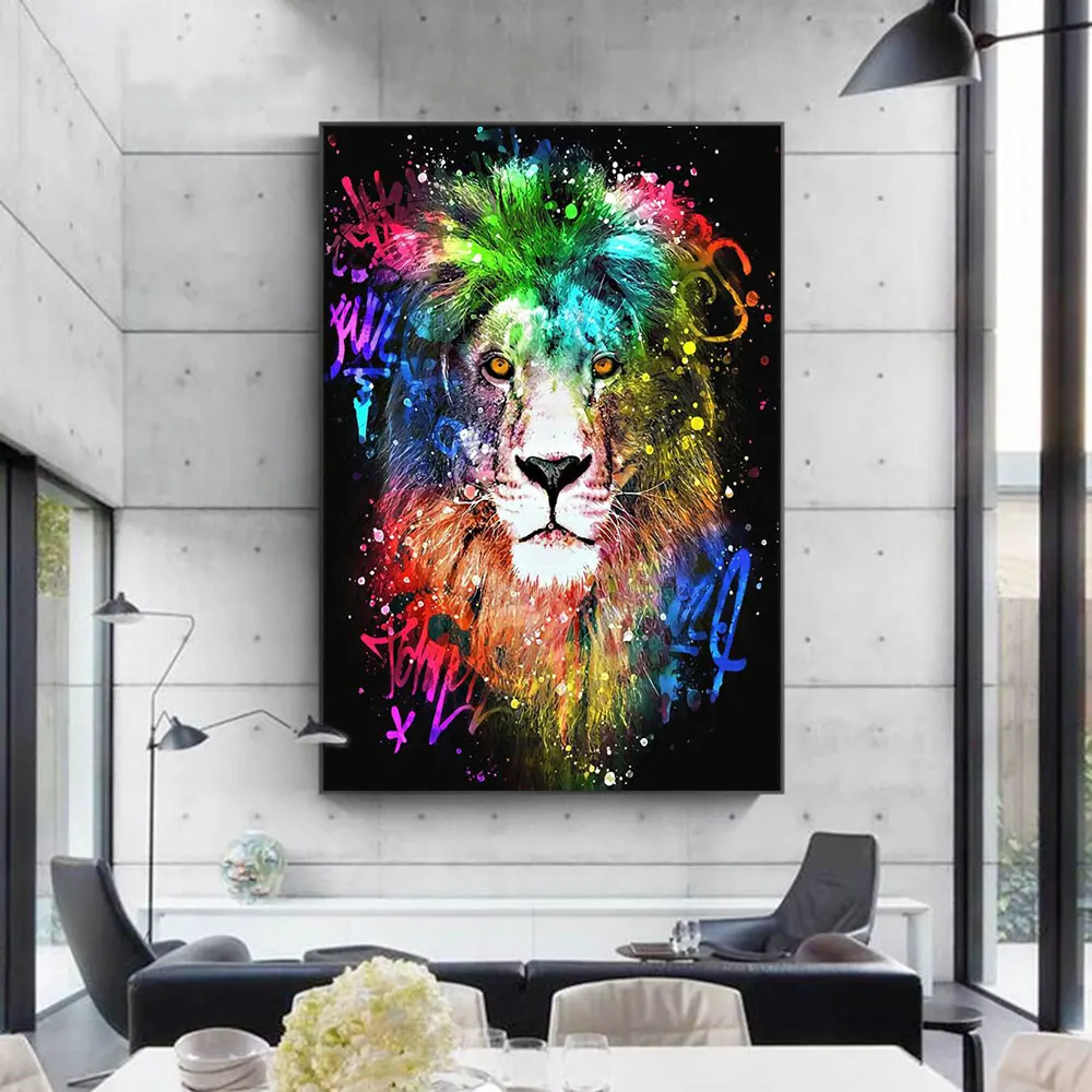 

Creative Colorful Graffiti Lion Canvas Painting Prints Animals Wall Art Picture Poster For Living Room Home Quadros Decoratives