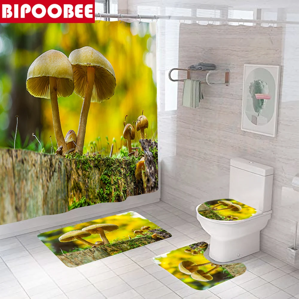 

Forest Mushroom Shower Curtains Bathroom Accessorie Natural Plant Bath Curtain Toilet Lid Cover Mats Non-slip Carpet Home Decor