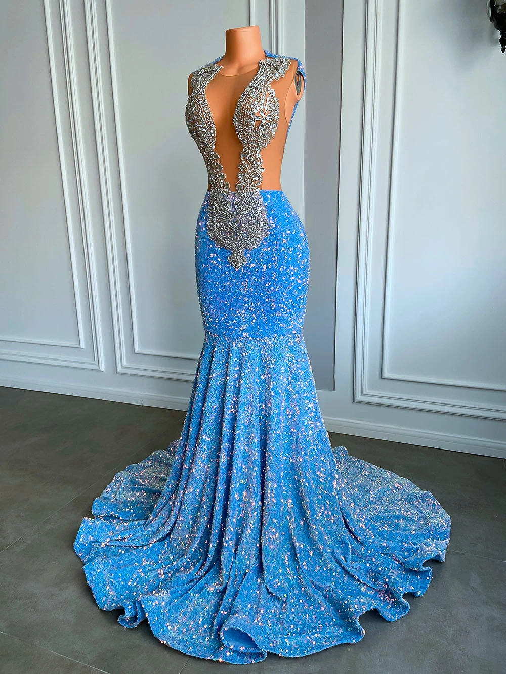 

Real Sky Blue Long Prom Dresses 2023 Luxury Sexy Sheer Mesh Beaded Silver Diamond Black Girls Mermaid Prom Party Gala Gowns