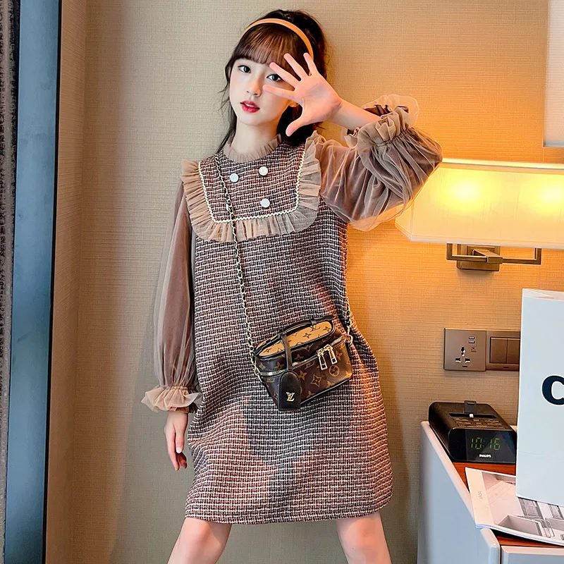 

Детская одежда, платье, новинка 2022, маленькая юбка принцессы с ароматом грибка уха, осеннее платье для девочек среднего и старшего возраста