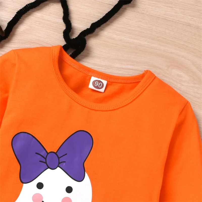 Halloween Girls Clothes Autumn 2pcs Toddler Girl Ghost Print Long-sleeve Tee and Ruffle Flared Pants Set