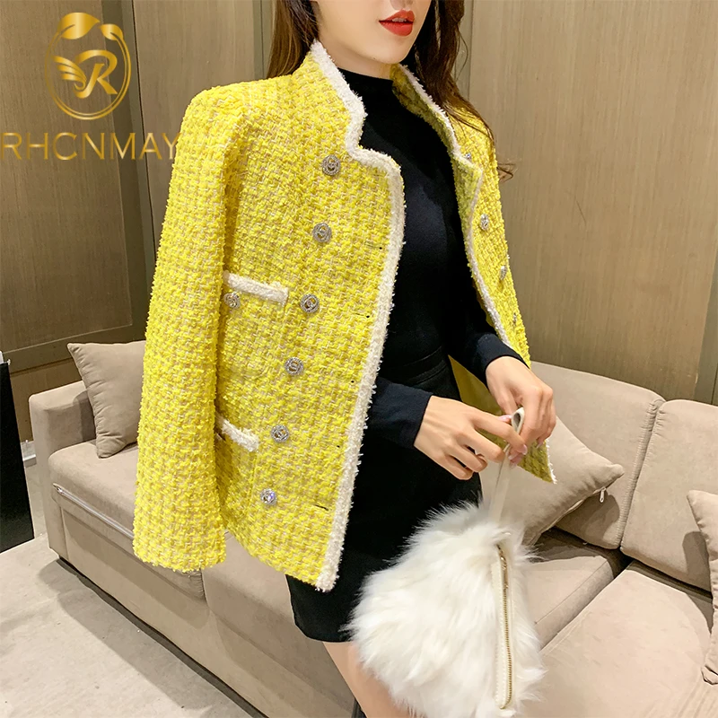 

Autumn New Fashion Women Stand Collar Plaid Yellow Tweed Jacket Pearls Double Breasted Vintage Elegant Ladies Tassels Twill Coat