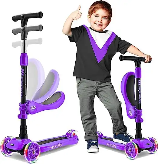 

Колесный Регулируемый фиолетовый скутер для детей-2 в 1 сидячий/стоячий игрушечный скутер с сиденьем м складной держатель для телефона скутера Dualtron thund