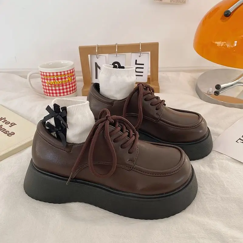 

Soft Shoes Woman Flats Autumn Oxfords Clogs Platform Dress Fall Comfortable Leather Creepers Winter New Basic PU Lace-Up Rome Co