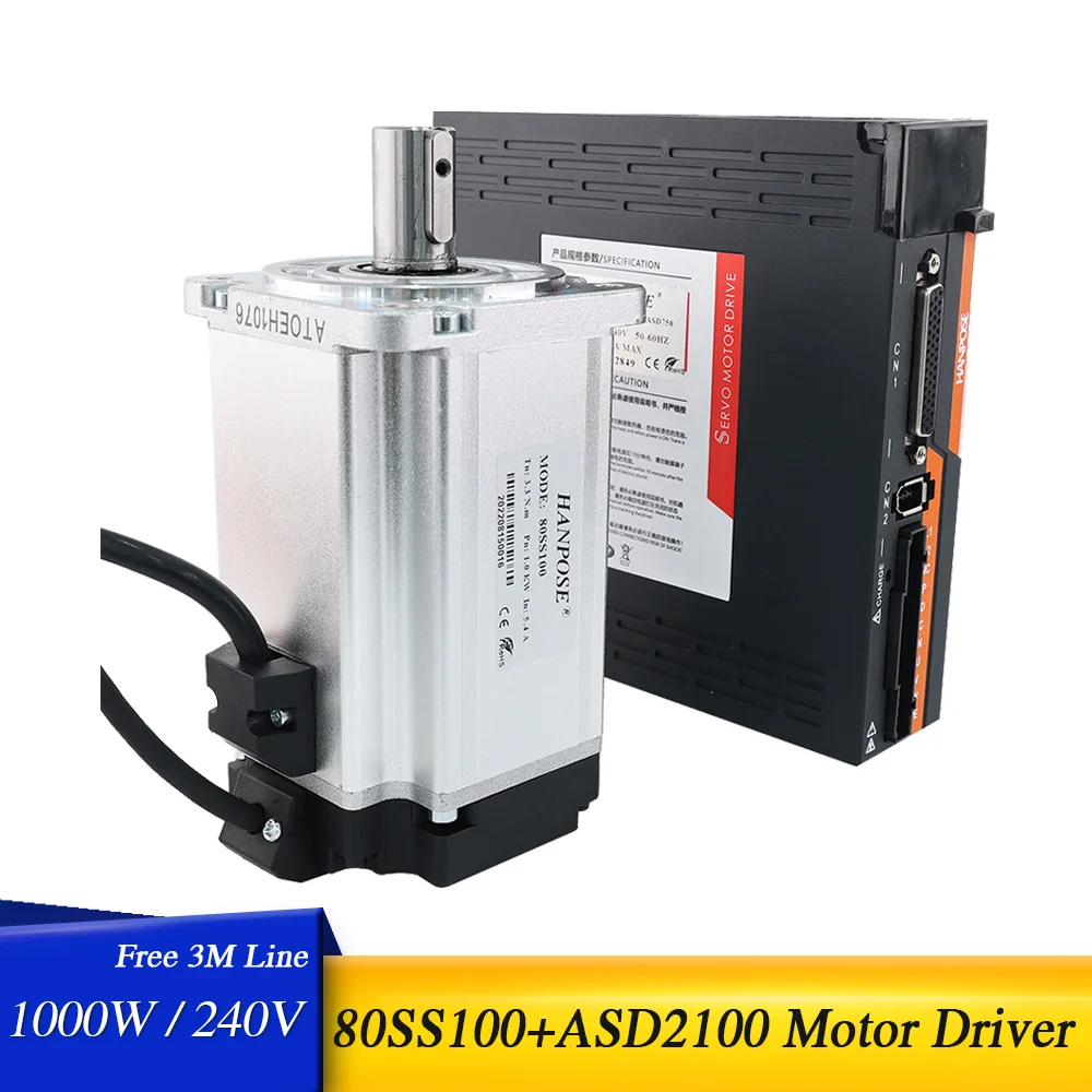 

1000W Servo Motor Kit 80SS100 5.4A 3.3N.m And AC200-240V ASD2100 Servo Drive+3M Cable CNC Medical Instruments Equipment