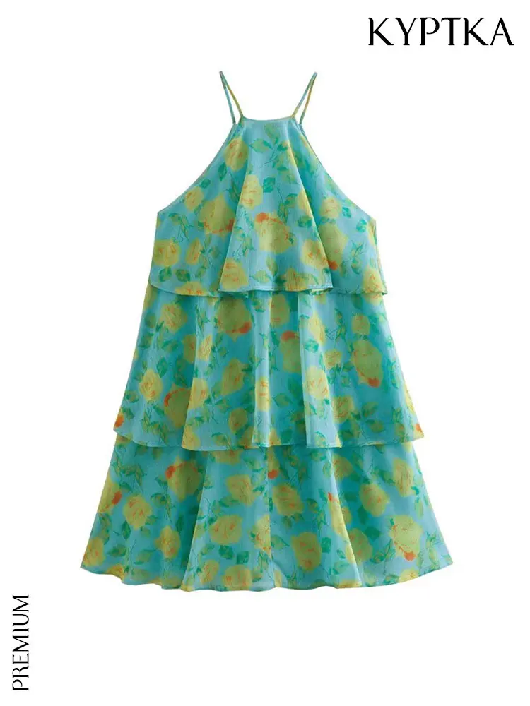 

KYPTKA Women Fashion With Ruffles Floral Print Tulle Mini Dress Vintage Halterneck Thin Straps Female Dresses Vestidos Mujer