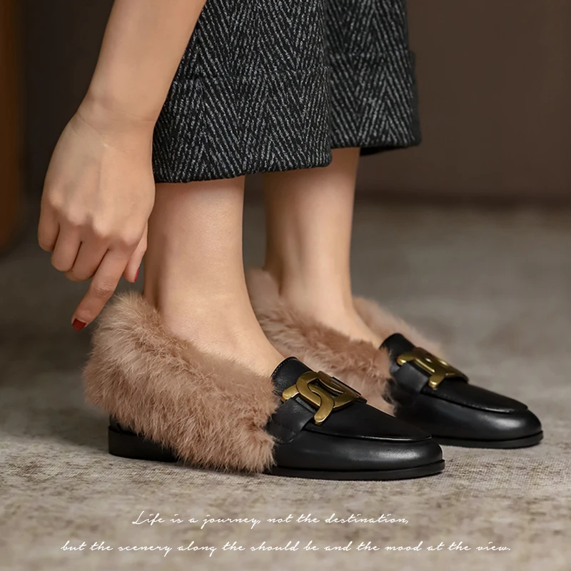 MythLuo Mules Shoes For Women Flat Loafers shoes Genuine Leather With Rabit Fur Round Toe With CHAIN Low Heels  Loafer Shoes