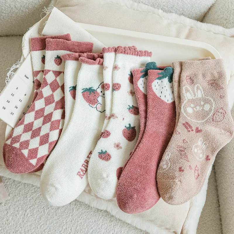

Autumn Winter Women Socks Sweet Fleece Socks Pink Cartoon Pattern Middle Tube Socks Warm Thick Sleep Socks Harajuku Cute Socks