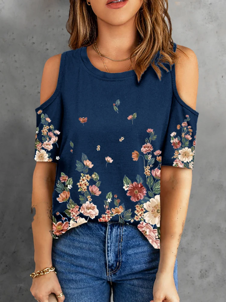 

Женские винтажные повседневные рубашки с цветочным принтом, летние офисные универсальные пуловеры с круглым вырезом, топы, элегантная шика...