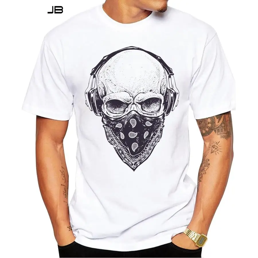 

2019 Men T Shirts Fashion Skull with Headphones Design Short Sleeve Casual Tops Hipster Vintage Printed T-Shirt Cool Tee