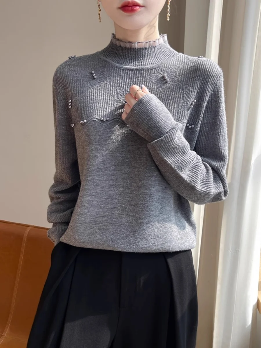 Gray Wear Organza Patchwork Wooden Ear Collar Knit Sweater Women Winter Three-Dimensional Crochet Bottoming Shirt Inner wear |