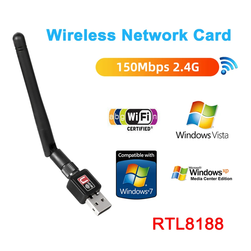 

Беспроводная Wi-Fi сетевая мини-карта 2,4G, USB адаптер 802.11n/g/b Антенна Ethernet 150 Мбит/с 2 дБи RTL8188 для ПК, компьютера, Windows