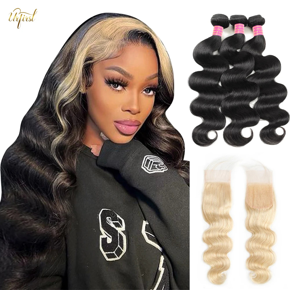 Urfirst Body Wave Bundles with Closure 613 Blonde Frontal Closure With Bundles Highlight Colored Human Hair Bundles with Closure