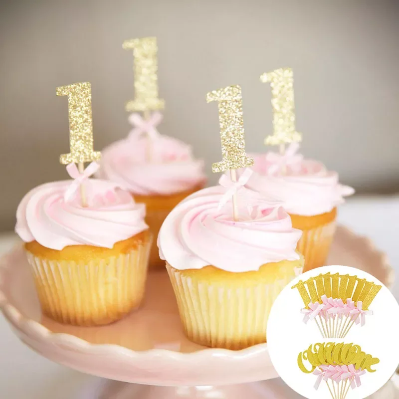 

16pcs Gold Pink 1 One Paper Cake Cupcake Toppers First 1st Boy Girl Birthday Party Decorations My I AM One Year Anniversary