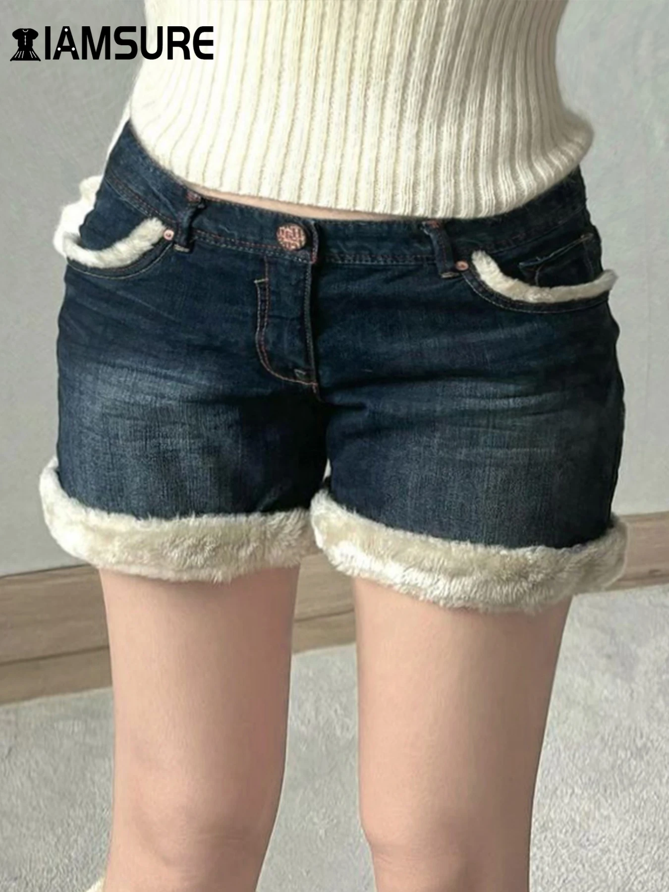 IAMSURE повседневные джинсовые шорты с милой меховой отделкой в корейском стиле