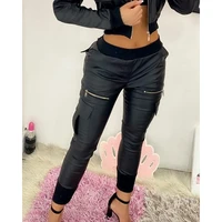 autumn women plain pu leather zipper pocket pants 2021 femme casual solid mid waist skinny trousers office lady clothing traf