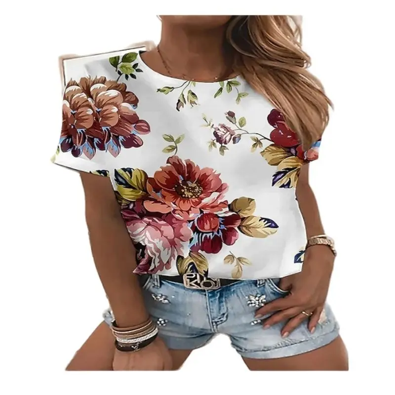 

Large size colorful women's T-shirt with beautiful floral print for Women summer fashion T-shirt 3D print with abstract pattern