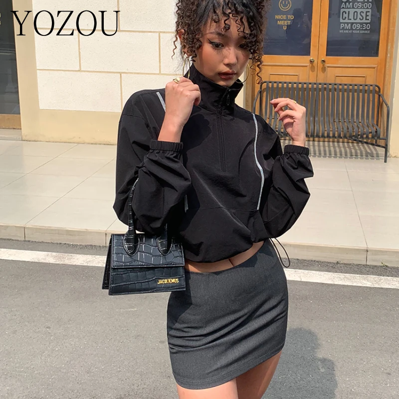 

[YOZOU] Luxury Design Gorpcore Black Gray Zip Up Cropped Windbreaker Jackets Women Tops Outdoor Casual Style High Street Y2k
