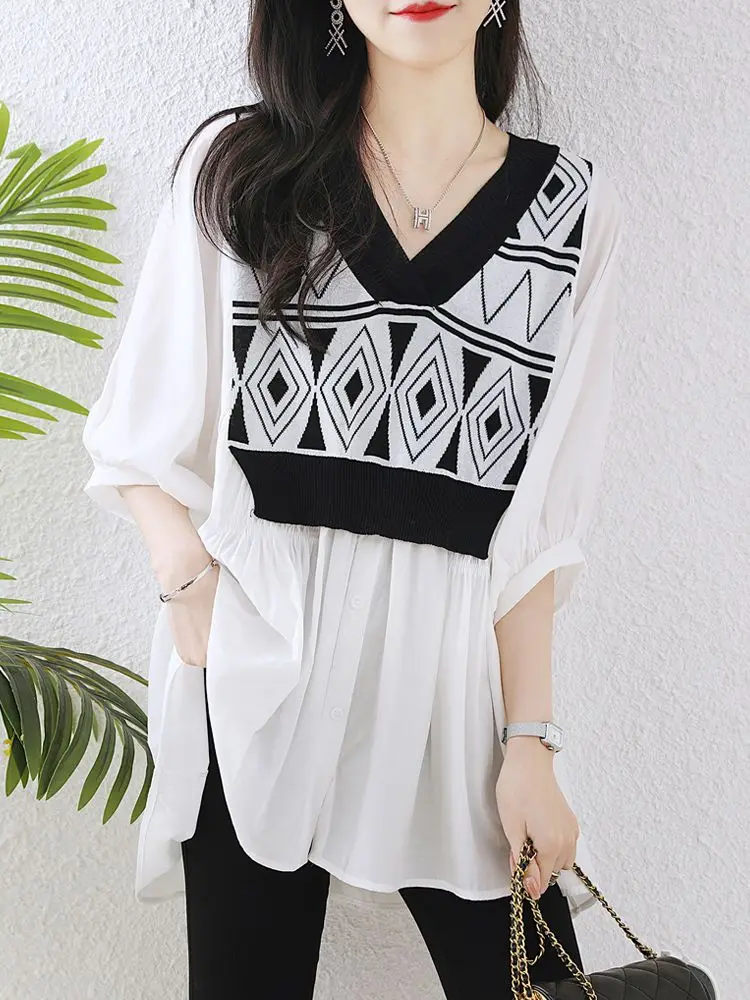 Женская шифоновая рубашка средней длины с длинным рукавом и V-образным вырезом