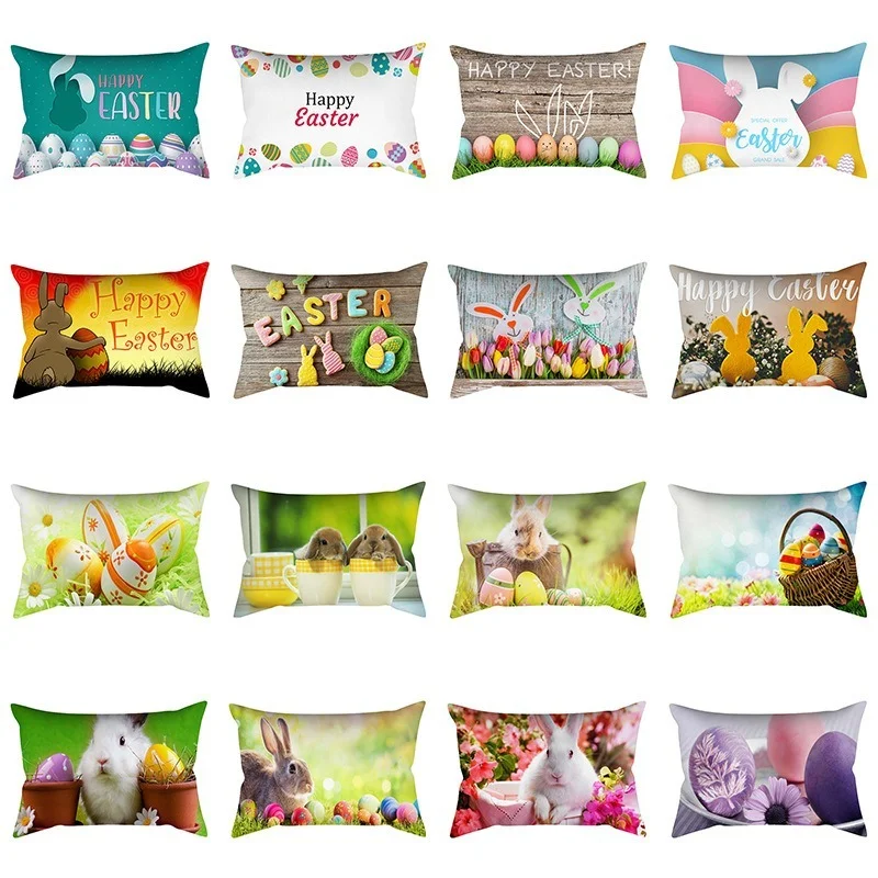 

Easter Decor Rectangle Pillow Cover 30x50cm Cartoon Bunny Eggs Printed Cushion Cover Easter Party Decorative Lumbar Pillowcase