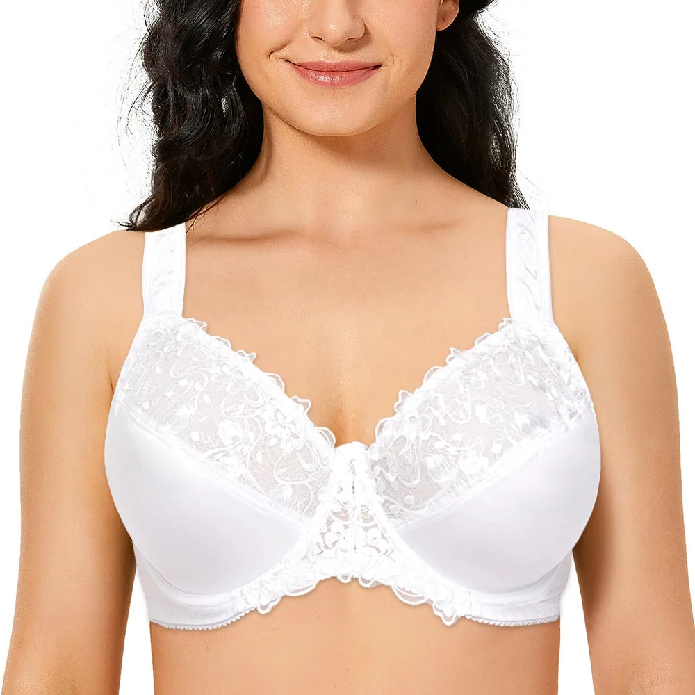Plus Size Women Bra Full Coverage Minimizer Lace Floral Embrodiery White Bras Non Padded Underwire B C D DD E F G H I Cup
