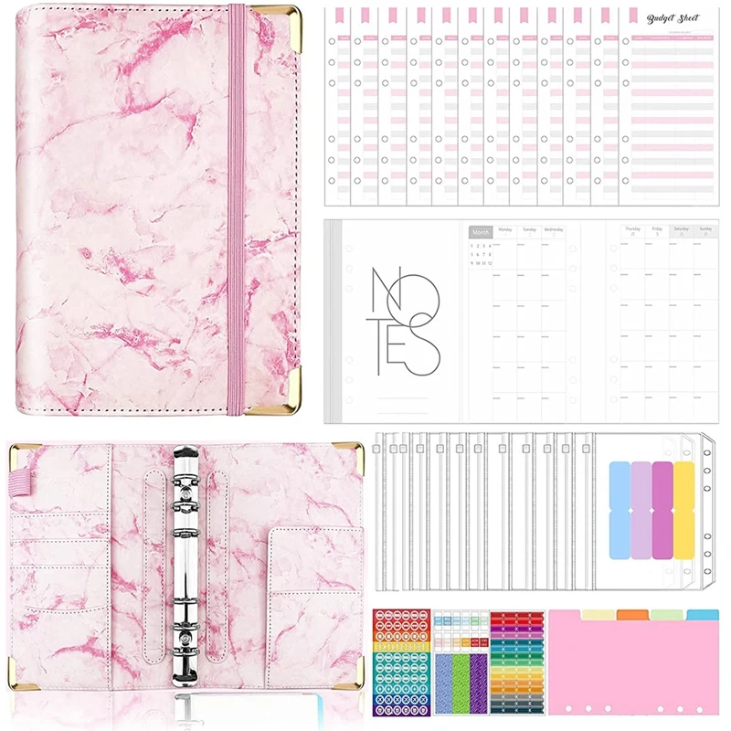 

Budget Binder With Zip Envelopes, Cash Envelopes For Budgeting For Kids And Adults - Cash Organizer - Pink Marble Design