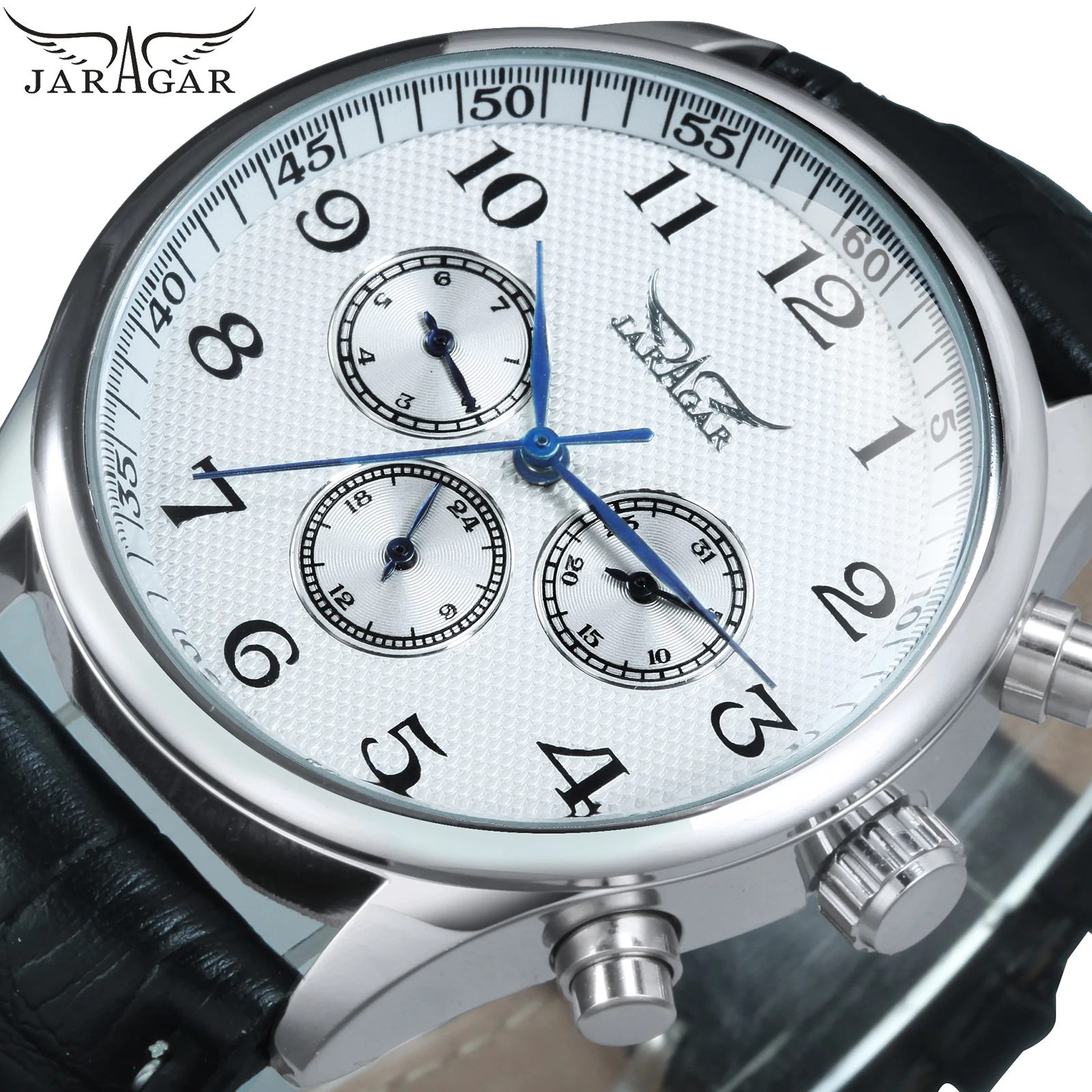 

JARAGAR Fashion Pilot Watch for Men Multifunction Sub-Dials Luxury Brand Leather Belt Business Automatic Mechanical Watches Gift