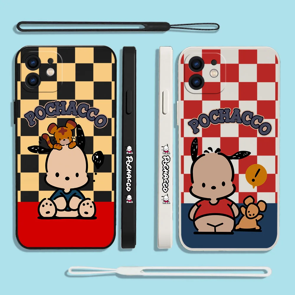 

Sanrio Pochacco Phone Case For iPhone 14 13 12 11 Pro Max Mini X XR XS MAX SE20 8 7 Plus 6 Plus Silicone Cases with Hand Strap