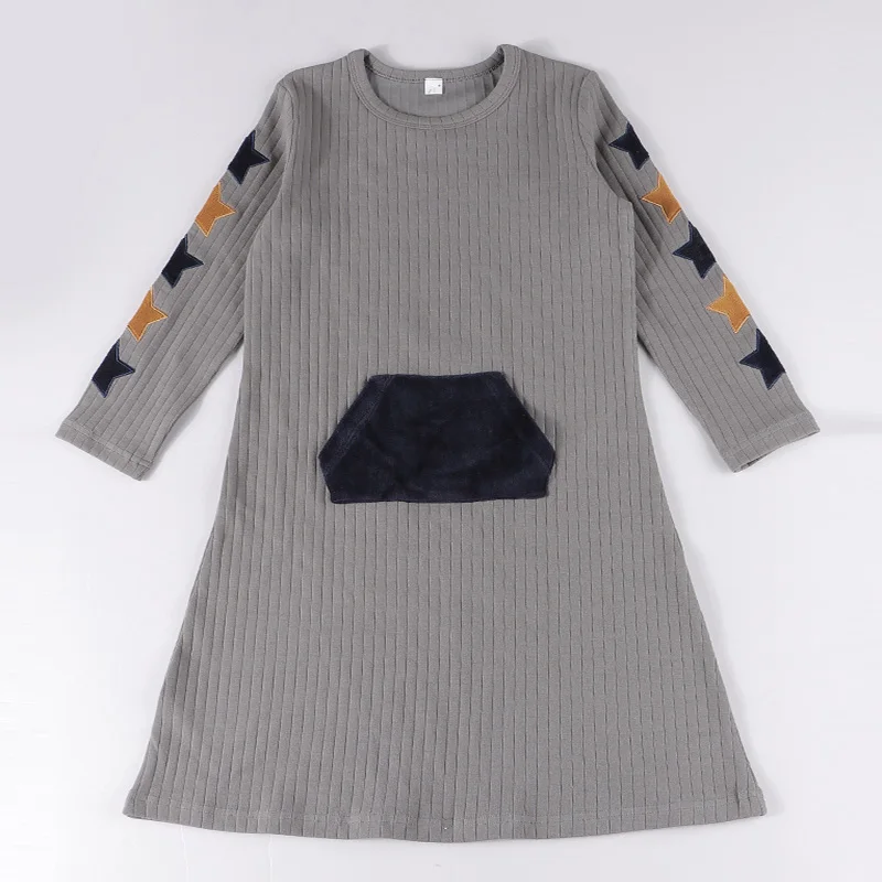 Платье для девочек осенне-зимнее платье в рубчик девушек с круглым вырезом и