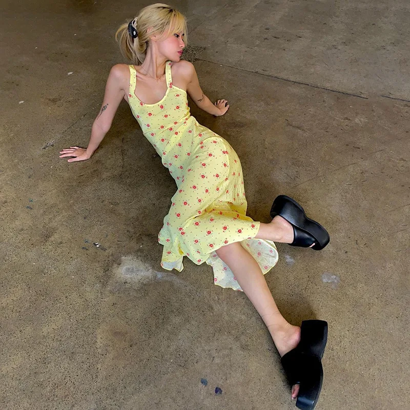 Лето 202 желтое платье макси с цветочным принтом на бретелях для женщин