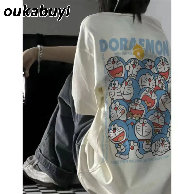 

Футболка Doraemon женская из чистого хлопка, милая индивидуальная интересная с коротким рукавом, Свободный Топ с американским принтом для пар, на лето