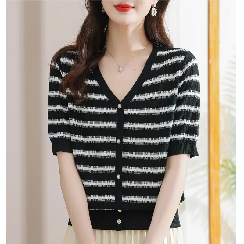 

Black Striped T Shirt For Women 2023 Summer Knitted Top Mujer Short Sleeve Tshirt Casual Womens Clothing T-shirts Tee Shirt Femm