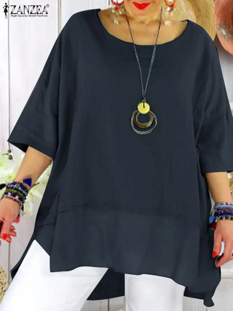 

Блузка ZANZEA женская оверсайз с круглым вырезом, повседневный однотонный топ с рукавом 3/4, модная рубашка с разрезом на подоле, рабочая одежда,...