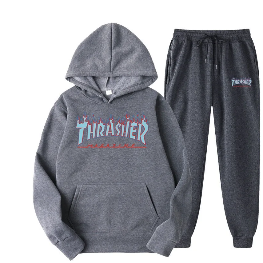 Blue THRASHER Print Alphabet men's hoodie Men plus fleece pullover men's hoodie Trend suit