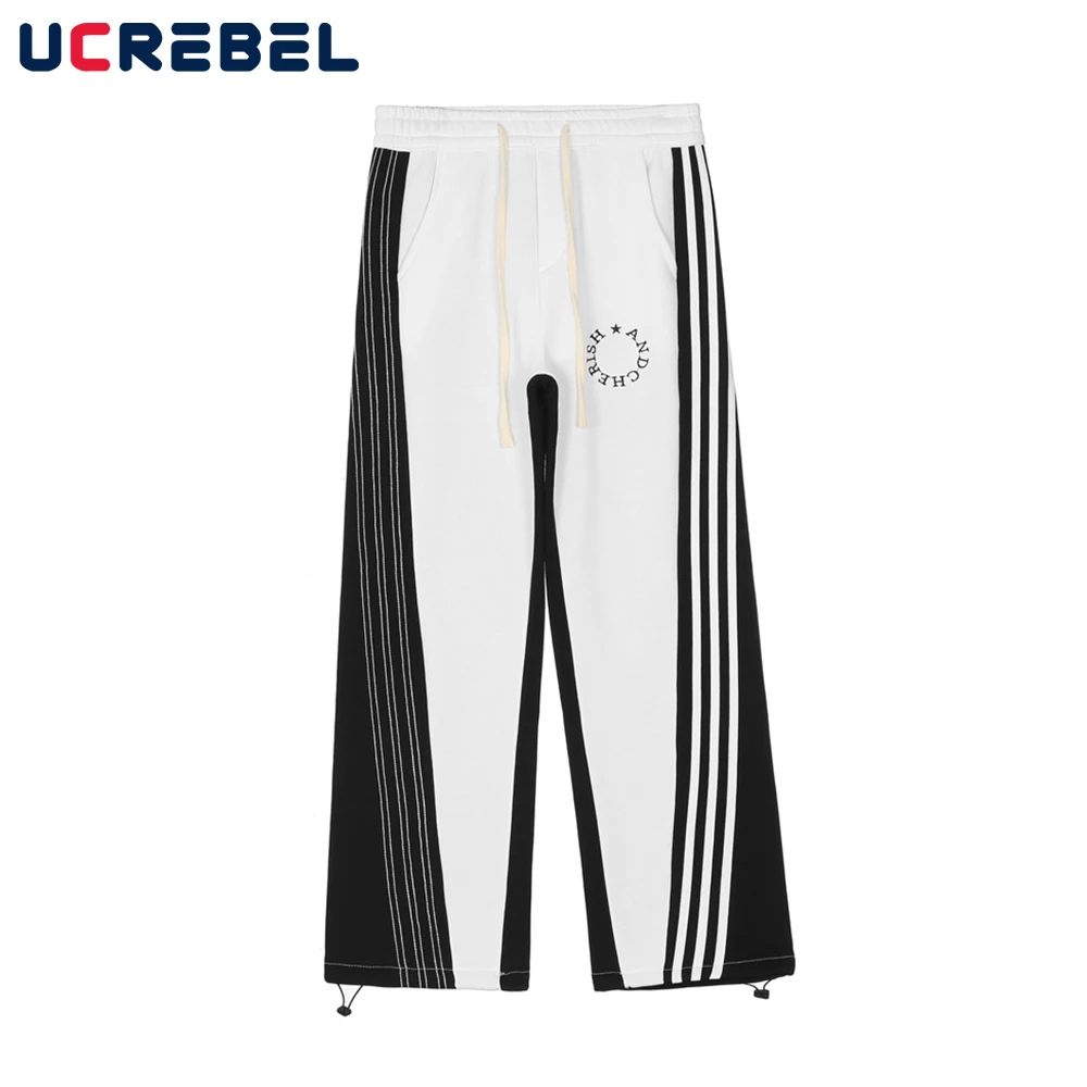 

Contrast Paneled Casual Pants Mens Streetwear Patchwork Wide Leg Pants High Street Elastic Waist Trousers Men