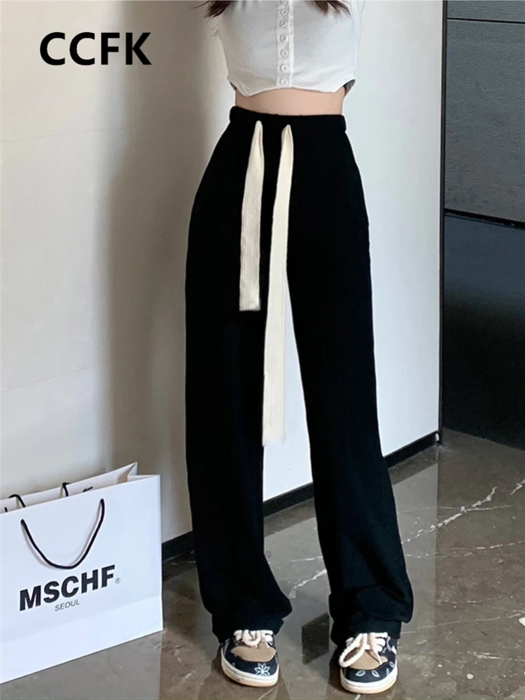 

Retro Drawstring Black Pants Women Korean Harajuku Elastic Waist Straight Trousrs Egirl Casual Loose Sweatpants Homewear Joggers