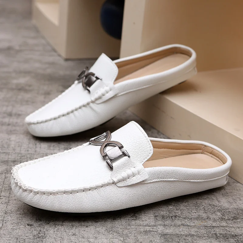 

New Summer Men Half slippers Black White Fashion Shoes Mens Comfortable Flats Shoes For Man Half Drag Men Loafers Shoe
