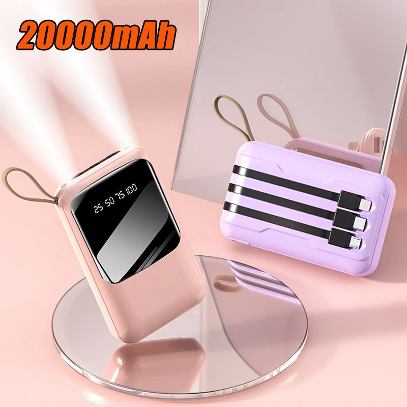 

20000mAh Mini Power Bank Built in Cable Portable Charger Powerbank for iPhone 12 13 14 Pro X Samsung S22 Huawei Xiaomi Poverbank