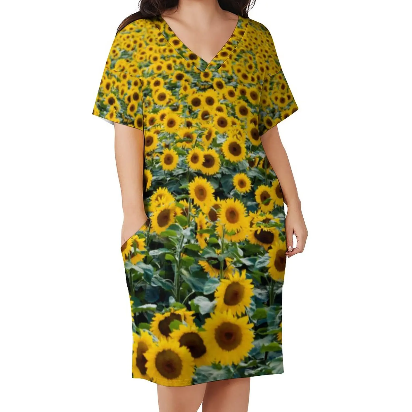 

Sunflower Print Dress Woman Field Of Sunflowers Street Wear Casual Dress Summer V Neck Trendy Plus Size Dresses Birthday Present
