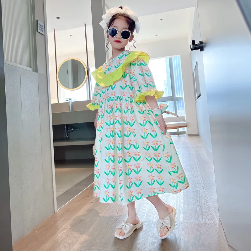 

Новинка лета 2023, детское платье для девочек, платье для родителей и детей, платье с коротким рукавом, контрастными вставками и оборками на воротнике, платье с высокой талией
