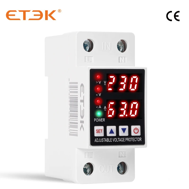 ETEK Устройство реле для защиты от перенапряжения и перегрузки по току с двойным дисплеем на Din-рейку  40A 63A реле напряжения 220v 230v EKVAP