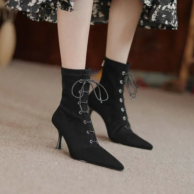 

Короткие ботинки женские на высоком каблуке на шпильке с острым носком замшевые Ботинки Martin Новинка Зима 2021 однотонная обувь на молнии сзад...